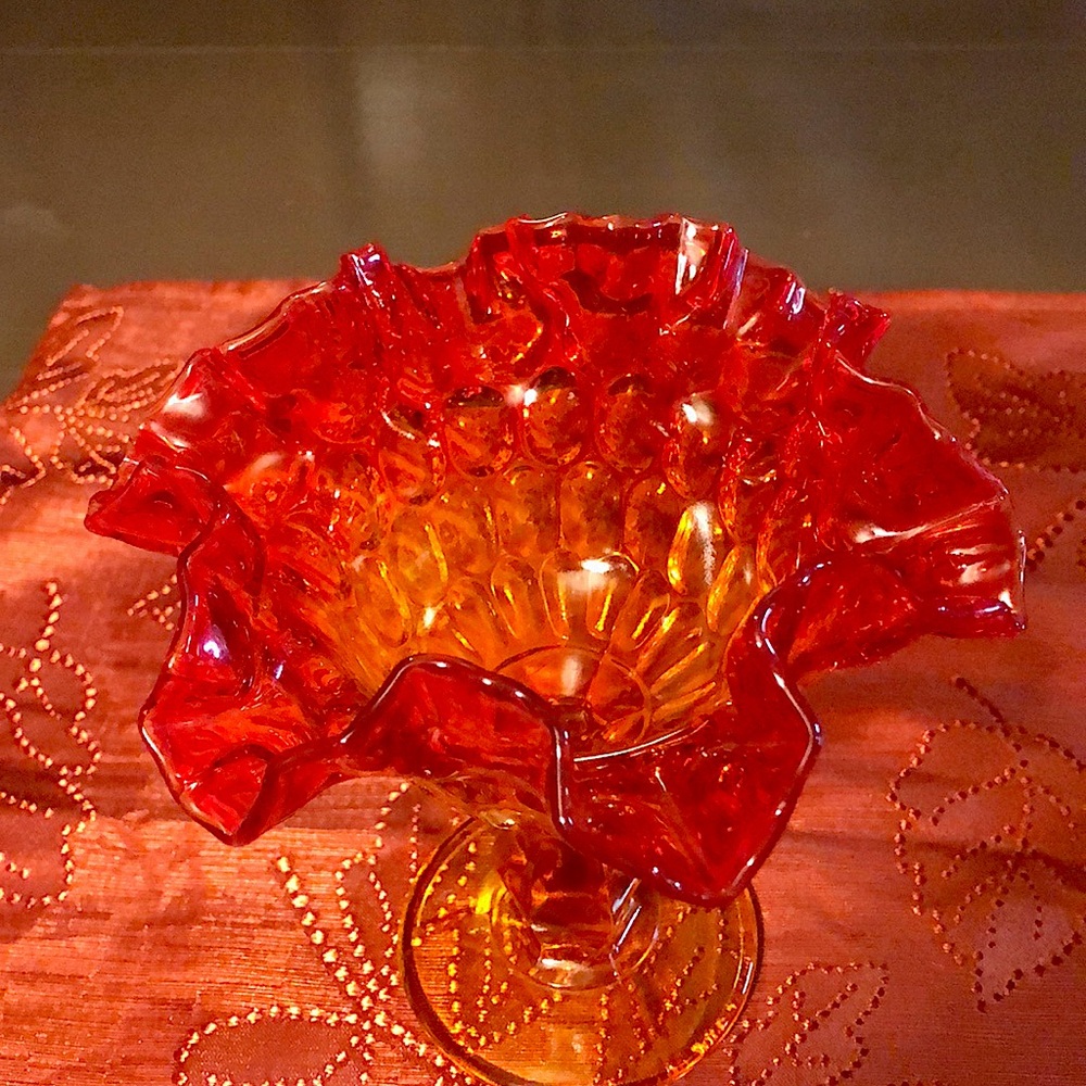 Fenton Amberina Thumbprint Ruffled Footed compote